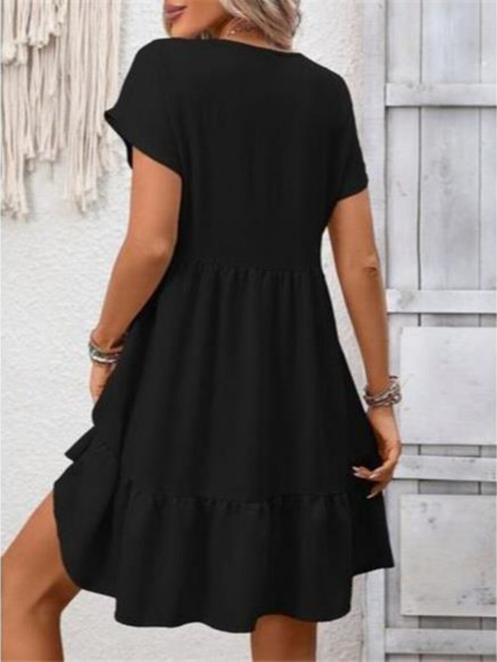 Casual V-Neck Ruffle Hem Mini Dress - Picture 2 of 3